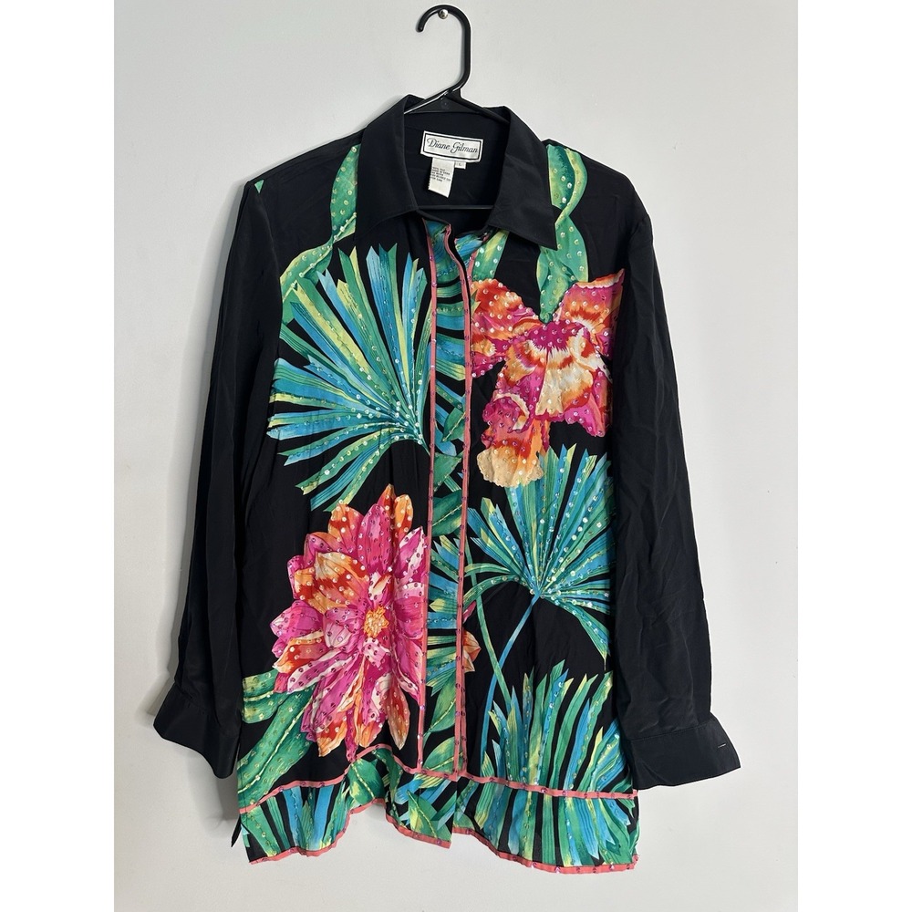 Diane Gilman 100% Silk Long Sleeve Tropical Floral Sequin Button Up Shirt Large